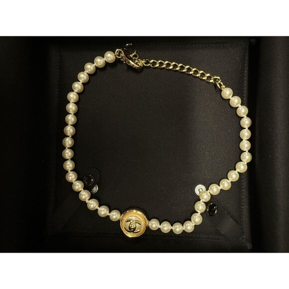 Chanel Gold-Tone Pearl Necklace With CC Logo Pendant & Adjustable Chain - Picture 1 of 9